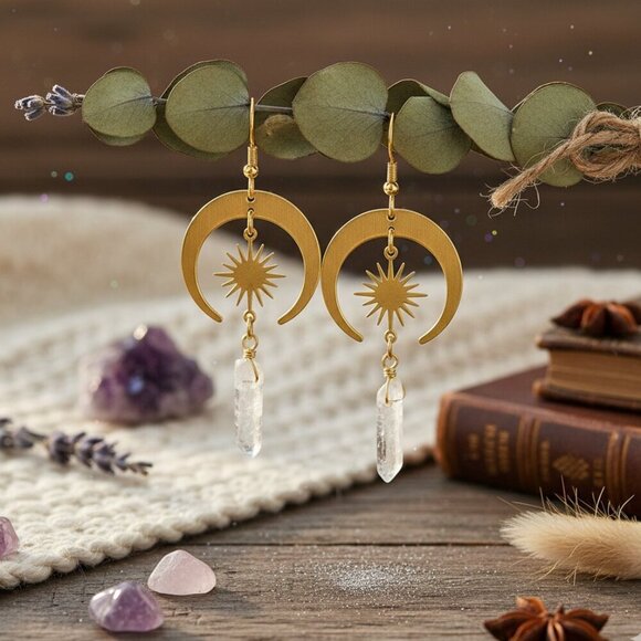 Gold Crescent Moon Sun Earrings Raw Clear Quartz Crystal Celestial Boho Witchy - Picture 5 of 10